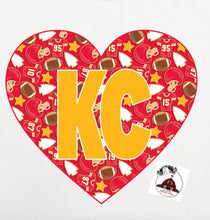 Load image into Gallery viewer, Kansas City Chiefs football heart with KC with football graphics
